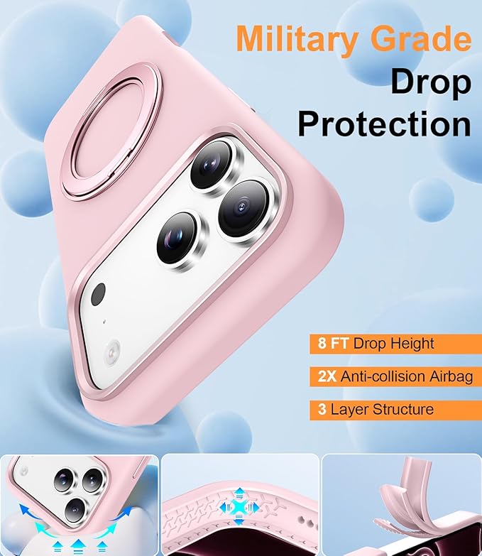 STERKER 360° Rotatable Stand Compatible with iPhone 17 Pro Max Case with Magnetic [Military Grade Drop Tested][Adjustable Kickstand] Ring Holder Silicone Slim Back Soft Edge Pink