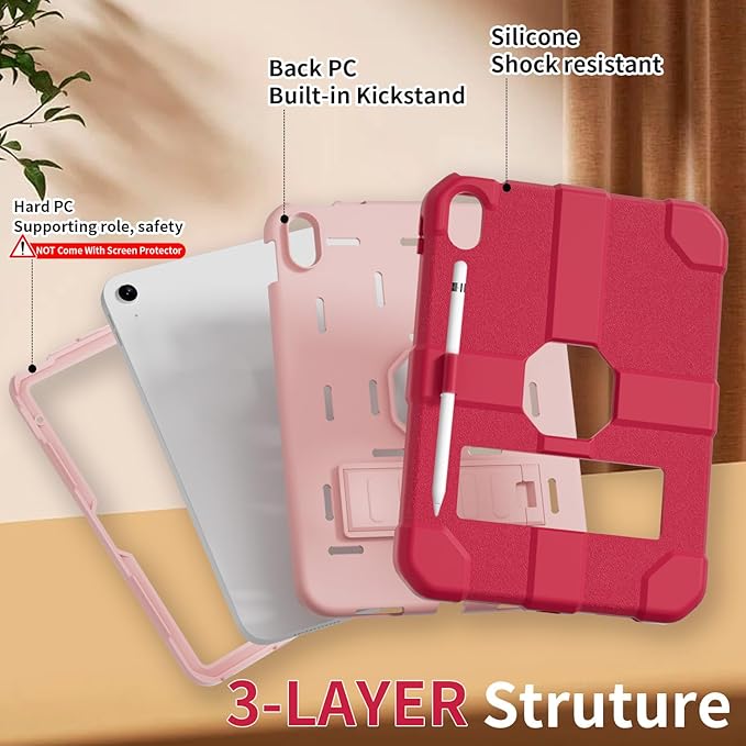 Case for iPad (A16) 11th Generation 11 Inch 2025 / iPad 10th Generation 10.9 Inch 2022 Rugged Heavy Duty Protective Cover [Built-in Pencil Holder ] for iPad 11/10 Gen (Rosered/Pink)