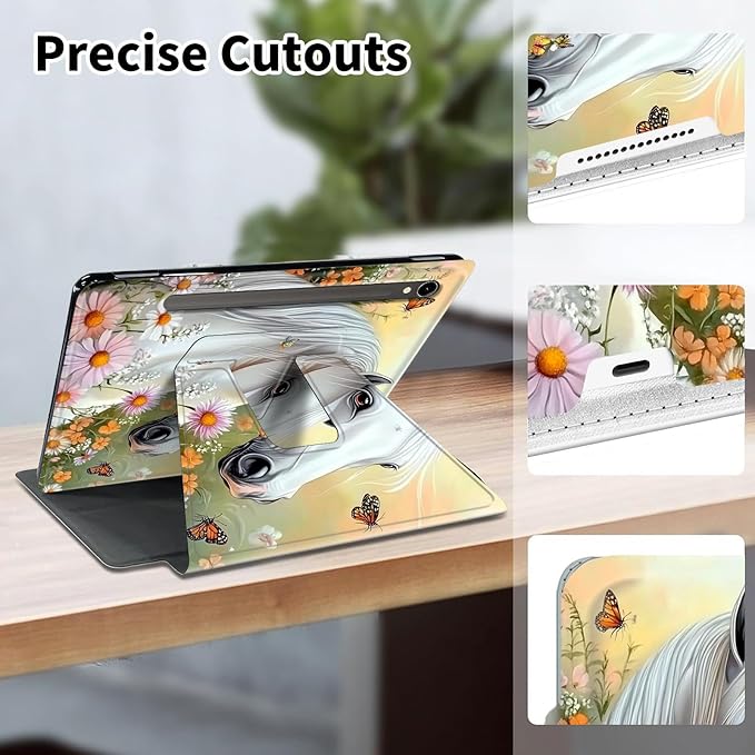Case for Samsung Galaxy Tab S10 FE 10.9 2025/S9 FE 5G 10.9/S9 11 2023360 Degree Rotating Smart Cover Case with S Pen Holder &amp Auto Sleep/Wake-Handsome White Horse