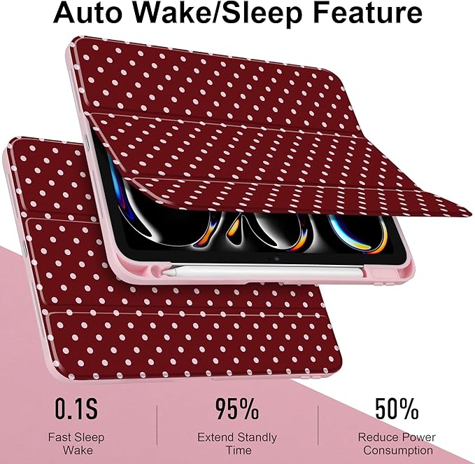 TWOLSKOO Case for iPad Pro 11-inch (M5 2025 / M4 2024) Clear Acrylic Back with TPU Bumper Pencil Holder Trifold Stand Auto Sleep/Wake Red Polka Dot