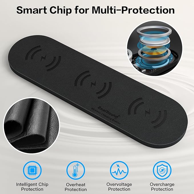 ZealSound Wireless Charging PadTriple Wireless Charger Pad Multiple Devices Compatible with iPhone Phone New AirPods Galaxy Buds Ultra-Slim PU Leather Wireless Charging Mat for Smartphone Phone Black