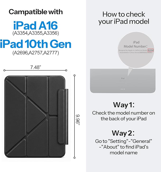 SPARIN Magnetic Case for iPad A16 11th/10th Gen (2025/2022) Origami Stand Cover with Auto Sleep/Wake Multi-Angle Viewing Hidden Pencil Holder Ultra Slim Lightweight &amp Stable on Sofa/Bed - Blac