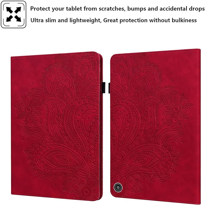 for Amazon Kindle Fire HD 10 &amp Fire HD 10 Plus Tablet Case 13th/11th Generation 10.1 (2023/2021) Folio Stand Embossed PU Leather Wallet Cover with Pencil Holder/Pocket Red Peacock Flower