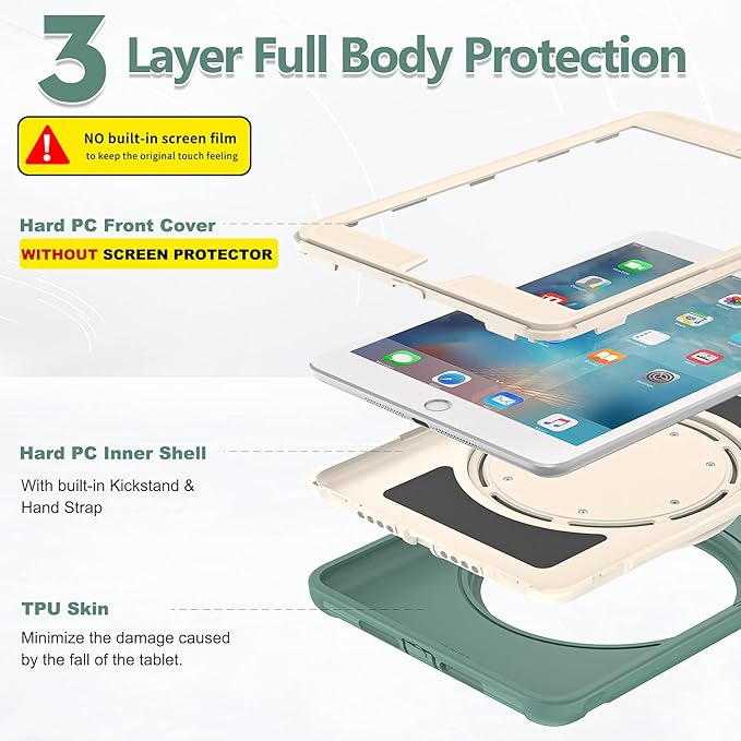 BATYUE Shockproof Case for iPad mini 1/2/3 (2012/2013/2014) - 360° Multi-Angle Stand (Portrait &amp Landscape) &amp Grip Multi-Scene for All Ages Jade Green