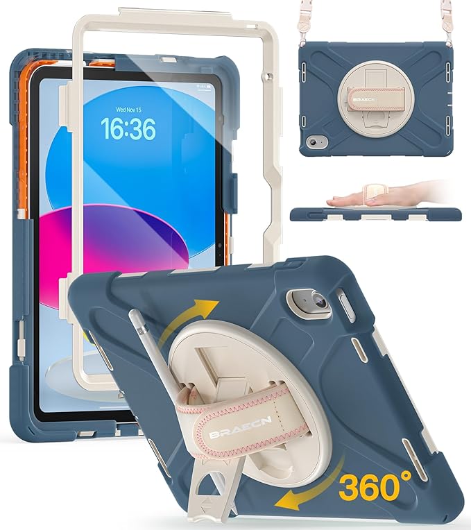 BRAECN for iPad (A16) 11th/10th Generation case 11/10.9 inch 2025/2022 Heavy Duty Shockproof Protective with Pencil Holder Screen Protector 360°Rotating Stand Handle &amp Shoulder Strap Full Body Cov