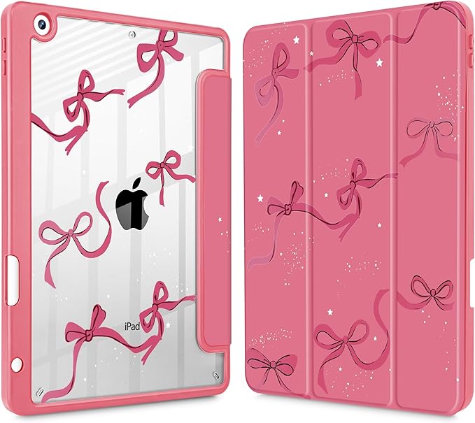 May Chen for iPad 9th Generation with Pencil Holder iPad 8th/7th Gen Case 10.2-inch [Penceil Holder] Trifold Stand Auto Wake/Sleep Clear TPU Protection Back Cover Watermelon red Bow