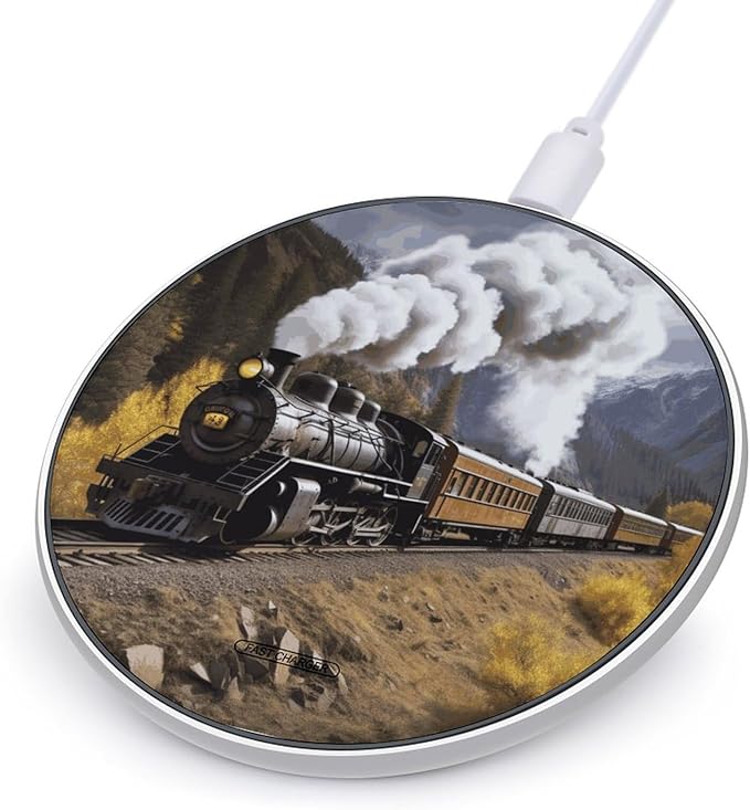 Steam Locomotive Train Wireless Charger Fast Wireless Charging Pad with USB Cable 10W Anti-Slip Magnetic Wireless Charger Portable Slim Charger Puck Travel Charging Station