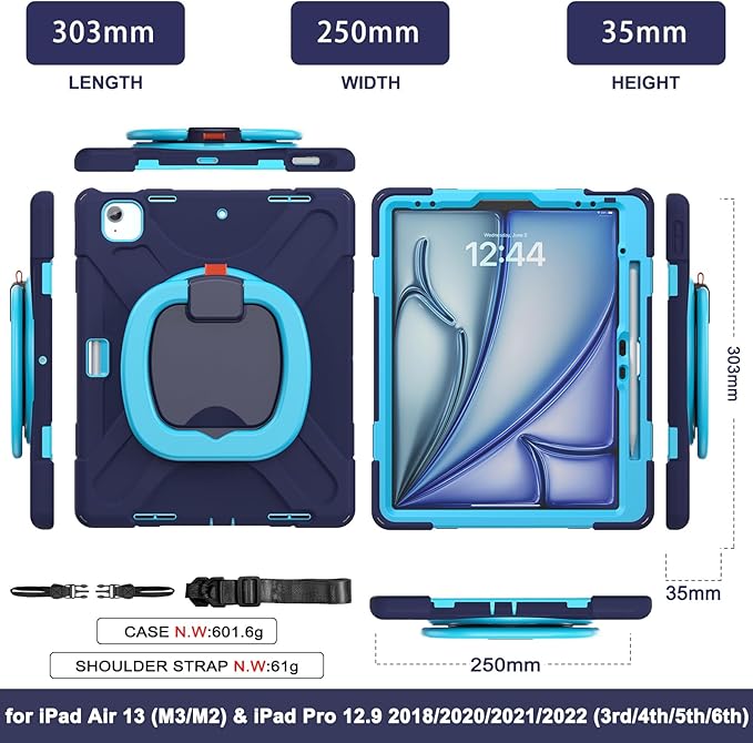 MEEgoodo Case for iPad Air 13 inch 2025 (M3) /2024 (M2) &amp iPad Pro 12.9 Case 6th/5th/4th/3rd Generation 2022 2021 2020 2018 Tablet Cover with Pencil Holder/Rotating Stand/Shoulder Strap Navy Blu