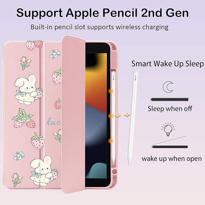 Cute Kawaii Bunny Strawberry for iPad Pro 12.9 Inch Case 5th/6th Generation 2022/2021/2020 with Pencil Holder Auto Sleep/Wake Pink Leather Clear Acrylic Back Cover
