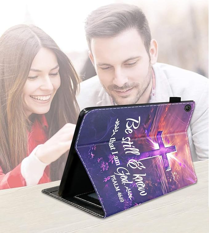 Case for Amazon Kindle Fire 7 Tablet (7 9th/7th Generation 2019/2017 Release) Slim PU Leather Cover with Card Slot &amp Auto Wake/Sleep Cross Quote Bible Verses Psalm 46:10