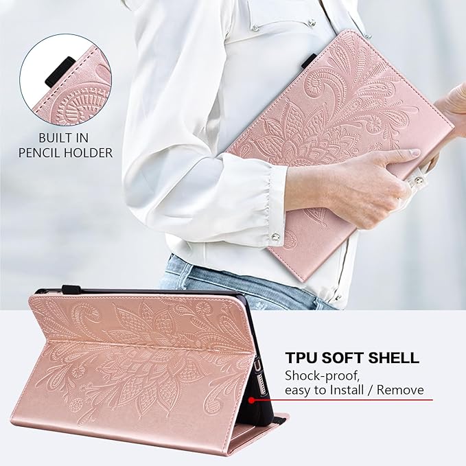 Case for Lenovo Idea Tab 11 2025/ Tab M11 11 2024 Case (TB336FU/TB330FU) Embossed Lace PU Leather Flip Folio Stand Cover with Elastic Band Card Slots Pen Holder- Rose Gold