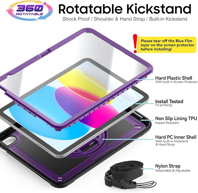 SEYMAC stock Case for iPad A16 11-inch Case 2025/ for iPad 11th/ 10th Generation 10.9'' 2022 Protective with Screen Protector Pen Holder Rotate Stand Loop Nylon Hand Strap Shoulder Strap Purple
