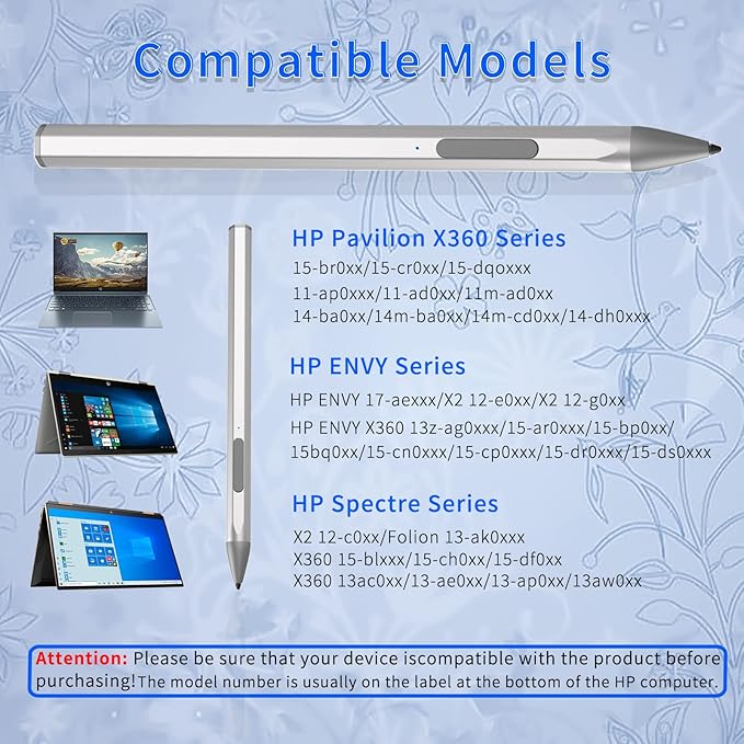 Stylus Pen for HP Envy X360 Pavilion X360 Specter X360 Spectre X2 Envy X2 Rechargeable MPP 2.0 Tilt Active Pen with 4096 Pressure Sensitivity Palm Rejection Magnetic Attachment Function Silver