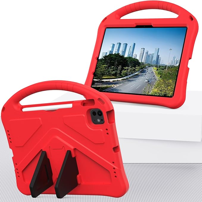Kids Case for iPad Pro 11-inch (M5) 2025/(M4) 2024 Air 11 2026 M4/M3/M2 Case with Pencil Holder Techcircle Lightweight Shockproof EVA Foam Handle Stand Anti-Slip Grip Rugged Cover Red