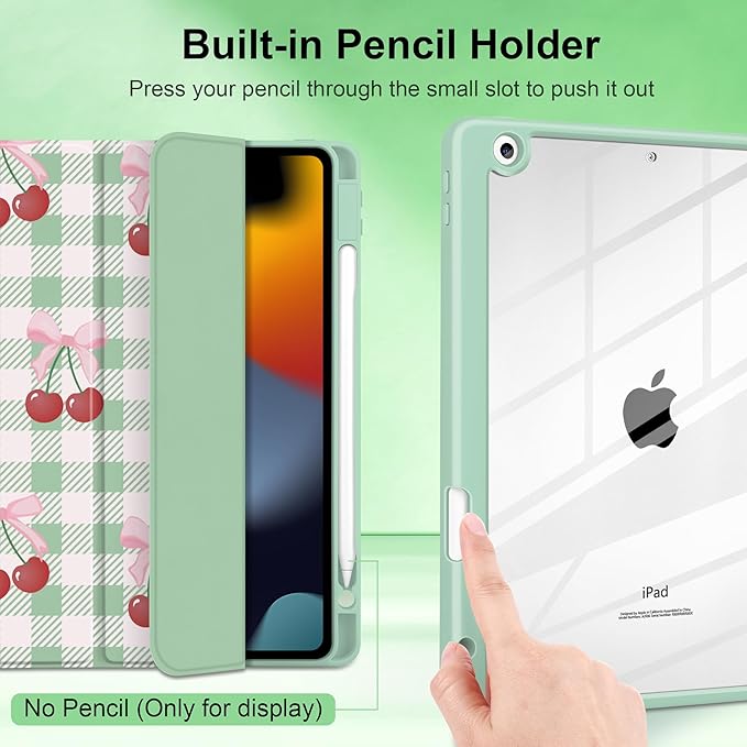 DONGKE for iPad 9th/8th/7th Generation Case 10.2 Inch (2021/2020/2019) [Auto Sleep/Wake &amp Pencil Holder] Clear Acrylic Back Trifold Stand Cover Green Cherry