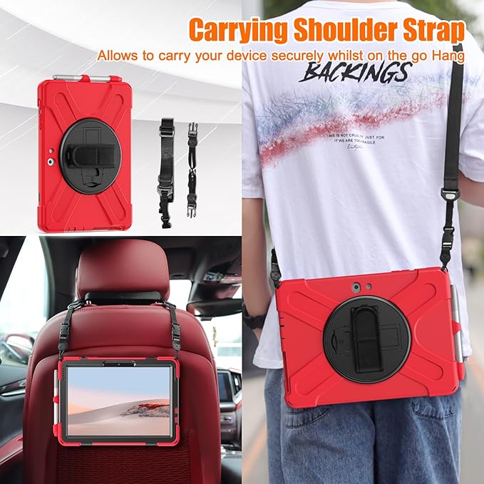 ZenRich Rugged Case for Surface Go 4 (2023)/Surface Go 3 (2021)/ Surface Go 2 (2020) Surface Go (2018) with Pen Holder Heavy Duty Shockproof Case with Stand Hand Strap and Shoulder Belt-Red