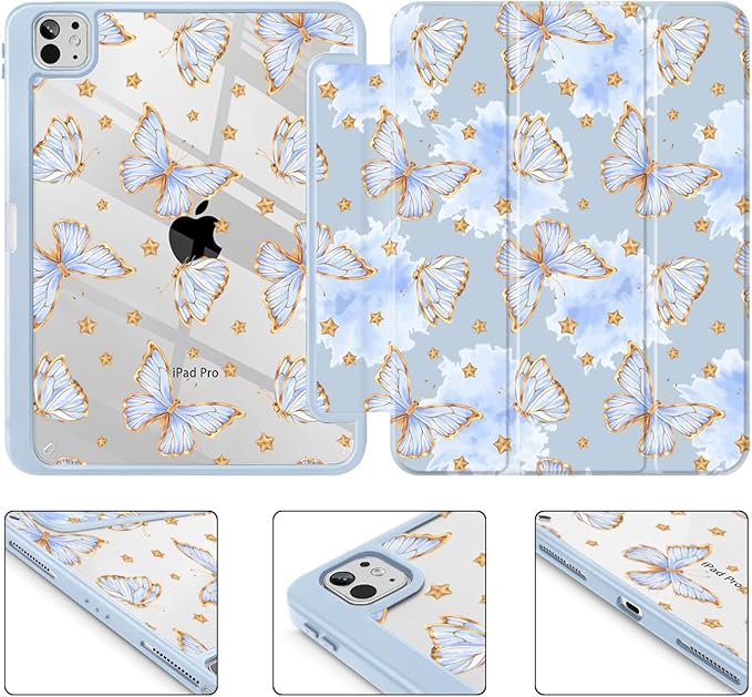 Tuiklol for iPad Pro 11 Inch (M5 2025 / M4 2024) Case Buit-in Pencil Holder with Slim Clear Back Cover Protection Trifold Stand-Auto Wake/Sleep Tablet Case Black Flower Blue Butterfly