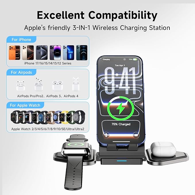 3 in 1 Charging Station Mag Safe Wireless Charger Stand Qi2-enable 15W Multiple Device Magnetic Charging Station for iPhone 1615141312 Series Apple Watch AirPods (USB-C Charger Included)