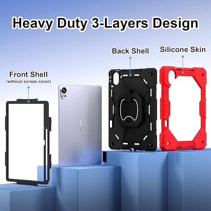 Shoulder Strap Tablet Case for Huawei MatePad Air (2025/2024) Heavy Duty Shockproof Protective Cover with Kickstand Handle Shoulder Strap for Kids Women Man Red Black