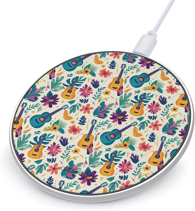 Tropical Colorful Guitar and Floral Wireless Charger Anti-Slip Wireless Charging Pad Slim Charger Mat for Men Women