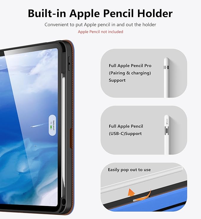 DTTO for iPad Air 11 inch Case M4 / M3 / M2 (2026/2025/2024) iPad Air 5th / 4th Gen (2022/2020) 360 Degree Rotating Premium Leather Folio Stand Cover with Pencil Holder Royal Blue