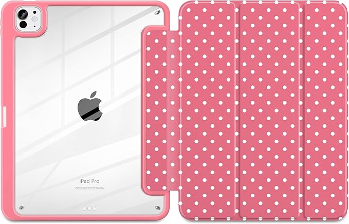 Case for iPad Pro 11 Inch (M5 2025 M4 2024) – [Built-in Pencil Holder] Shockproof &amp Stylish Clear Hard Back + Soft TPU Edge Magnetic Trifold Stand Auto Wake/Sleep Rose red White dot