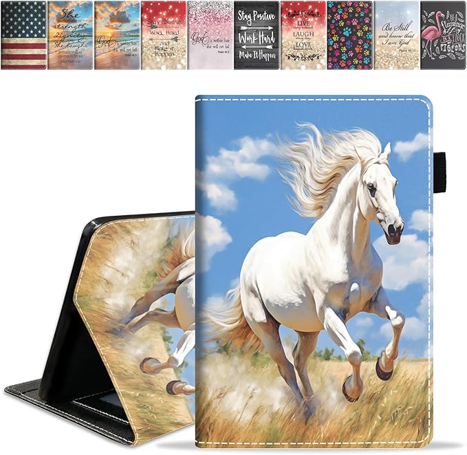 Case for Amazon Kindle Fire 7 Tablet (7 9th/7th Generation 2019/2017 Release) Slim PU Leather Cover with Card Slot &amp Auto Wake/Sleep Running White Horse