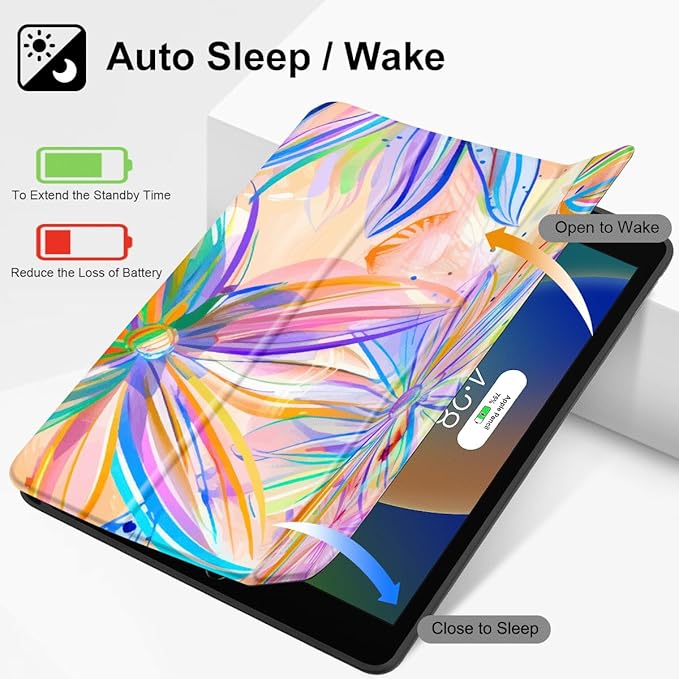 Mektron Designed Printed iPad 10.2 Case 9th Gen (2021)/ 8th Gen (2020)/ 7th Gen (2019) with Pencil Holder Slim Protective Case with Soft TPU Back for iPad 10.2 Inch Watercolor FlowerC328