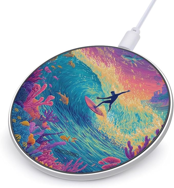 Surfer Riding Wave Sea Coral Dreamy Fast Portable Charger 10W Funny Graphic Phone Charging Pad with USB Cable