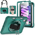 BRAECNstock Case for iPad mini 7 (A17 pro) 2024 &amp Mini 6 2021 8.3-inchShockproof Protective Cover with Pencil HolderScreen Protector360° Rotating Hand Strap/Stand-Midnight Green