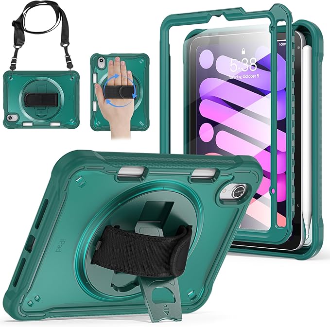 BRAECNstock Case for iPad mini 7 (A17 pro) 2024 &amp Mini 6 2021 8.3-inchShockproof Protective Cover with Pencil HolderScreen Protector360° Rotating Hand Strap/Stand-Midnight Green