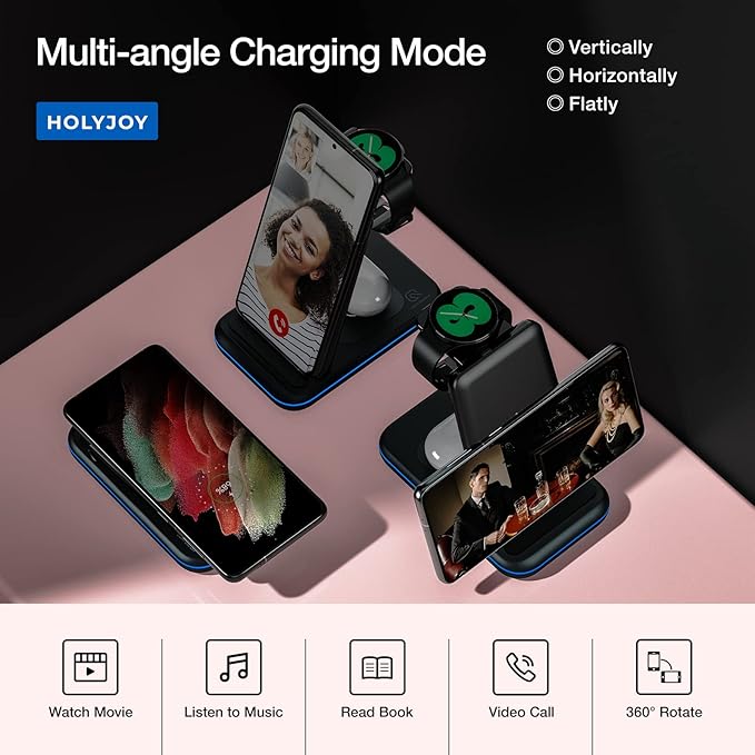 Wireless Charger for Samsung/Android HOLYJOY Foldable 3 in 1 Fast Charging Station/Stand/Multi Charger for Samsung S25 Ultra/S24/Note 20 Travel Pad for Galaxy Watch 8/7/6/5/Active 2 For Buds(Black)