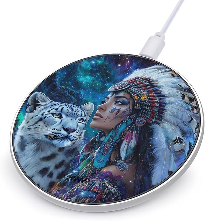 Native USA Lady Snowy Leopard Wireless Charger Anti-Slip Wireless Charging Pad Slim Charger Mat for Men Women