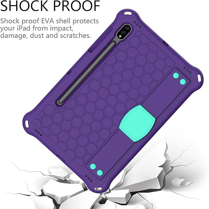 Bumper Case for Samsung Galaxy Tab S9 FE/S9/S8/S7 11 Techcircle Shockproof [Elastic Hand Strap] Stand EVA Foam Protective Case w/Shoulder Strap Kids Cover for Tab S7/S8/S9 SM-T870/X700 Purple+Green