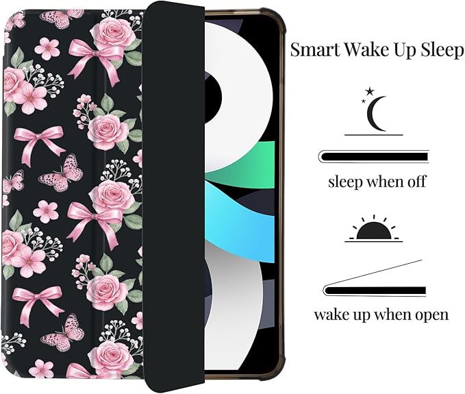 Spring Garden Butterfly Bow Case for iPad Air 13 Inch M3 2025/M2 2024[Pencil Holder+Auto Sleep/Wake]Slim Trifold Stand Protective Cover with Soft TPU BackBlack