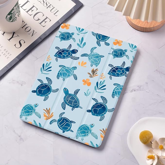 Sea Turtle Case for iPad 9th/7th/8th Generation(2021/2020/2019 10.2 Inch) with Pencil Holder Foldable Blue Leather Cartoon Animal Cover Clear Back Shell Auto Wake/Sleep