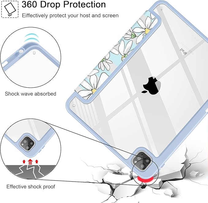 May Chen for iPad Pro 11 inch M2 4th Generation 2022 iPad Pro 11 3rd/2nd/1st Gen Built-in Pencil Holder with Shockproof Cover Clear Transparent Back Shell Auto Wake/Sleep Heart Rabbits