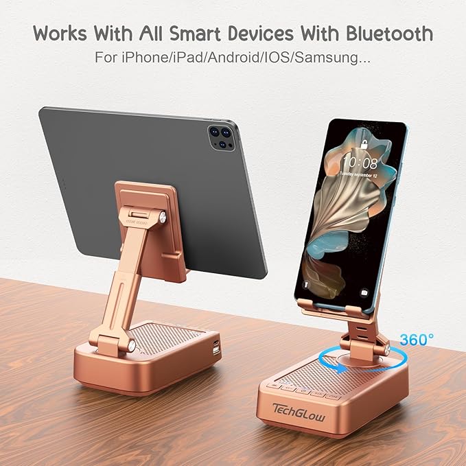 TechGlow Gifts for Men Women Foldable Cellphone Stand with Bluetooth Speaker and Charging Function 360° Rotatable Phone Stand Birthday Gift Idea for Mom Dad Cool Tech Gifts-Rose Gold