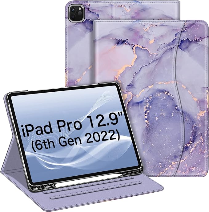 Fintie Folio Case for iPad Pro 12.9 6th Generation 2022 Multi-Angle Smart Stand Cover w/Pencil Holder &amp Pocket Also Fit iPad Pro 12.9 2021 5th &amp 2020 4th &amp 2018 3rd Gen Lilac Marble