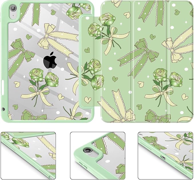 Tuiklol Case for iPad 11 inch (A16 Chip) 2025 Gen 11th / iPad 10.9 inch 2022 10th Gen Buit in Pencil Holder with Shockproof Cover Clear Transparent Back Shell Auto Wake/SleepBow &amp Rose Green