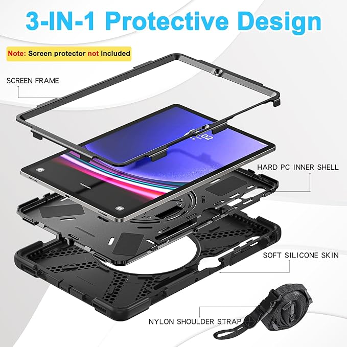 BRAECN for Samsung Galaxy Tab S10 Plus Case 2024/S9 Plus/S9 FE+/S8 Plus/S7 Plus /S7 FE 12.4 InchHeavy Duty Shockproof Case with S Pen Holder&amp360 Rotating Hand Strap/Kickstand Shoulder StrapBlack