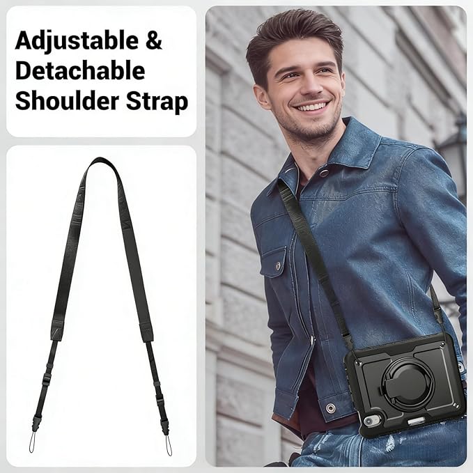 Case for iPad mini 7 (A17 Pro) 2024/ Mini 6 8.3'' with Pencil Holder Screen Protector [360 Rotating Handle &amp Stand] &ampShoulder Strap Shockproof Case for iPad mini 7th/6th Generation Black