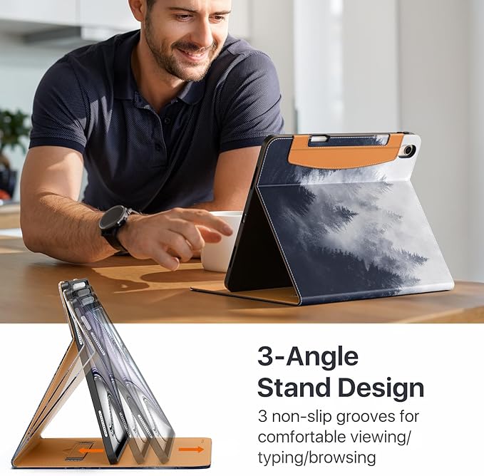 MoKo Case for iPad Air 13-inch (M4) 2026 / (M3) 2025 / (M2) 2024 with Pencil Holder &amp Hand Strap &amp Pocket Premium Leather Folio Stand Cover Multiple Viewing Angles Gray Forest