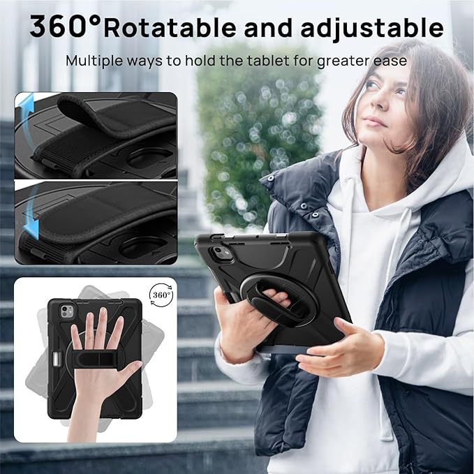 Gerutek Case for iPad Pro 11 inch M5/M4 (2025/2024) Tablet Case Cover Protective with Screen Protector Pencil Holder 360 Rotating Handle Stand Shoulder Strap for iPad Pro 11 6th/5th Gen-Black
