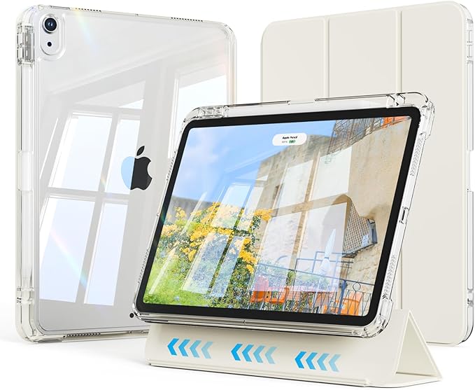 Case for iPad Air 11 inch M4/M3/M2 (2026/2025/2024) &amp iPad Air 5/4th Generation (2022/2020) 10.9 inch 2-in-1 Removable Hard PC Transparent Back with Pencil Holder Auto Sleep/Wake White Cream