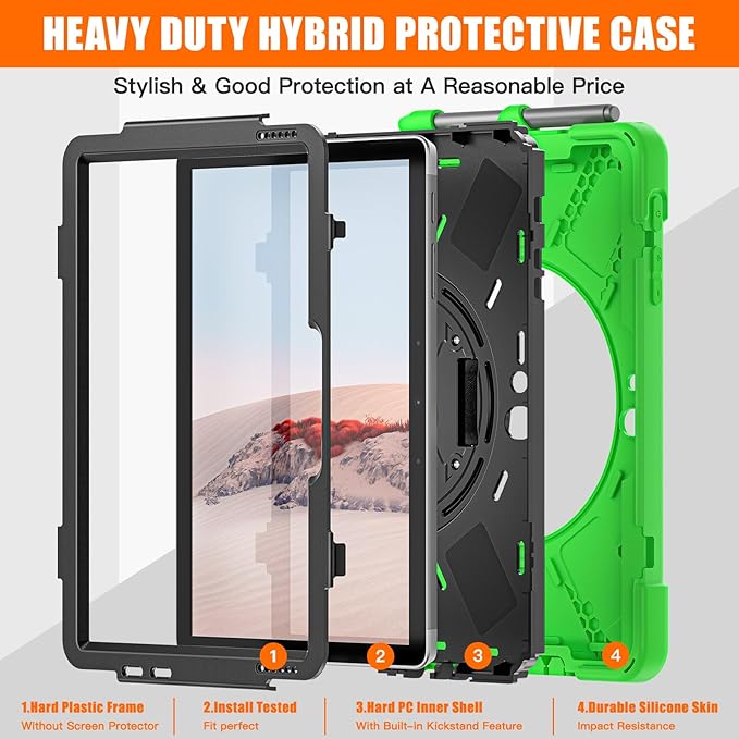 ZenRich Rugged Case for Surface Go 4 (2023)/Surface Go 3 (2021)/ Surface Go 2 (2020) Surface Go (2018) with Pen Holder Heavy Duty Shockproof Case with Stand Hand Strap and Shoulder Belt-Green