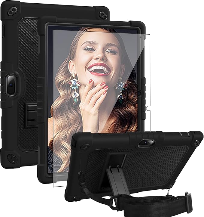 for Vankyo MatrixPad S10 Tab Case YQSAVIOR CUPEISI Coopers YQ10S VIVIMAGE A10 A38 BYANDBY BYYQ10S 10.1 Case Built in Kickstand Shoulder Strap Shell with Screen Protector (Black+Black/1 Pcs)