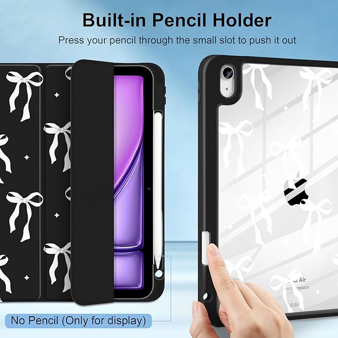 MecBevia Case for iPad Air 11-inch M4 2026 / M3 2025 / M2 2024 Slim Protective Cover with Built-in Pencil Holder Auto Wake/Sleep White Bow