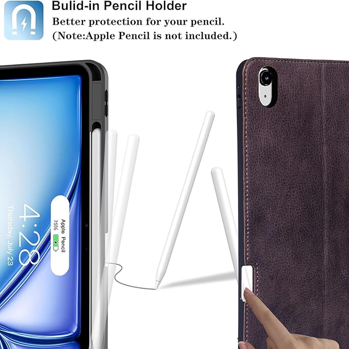 Gexmil Genuine Leather Case for iPad Pro 11 Inch (M5/M4) 2025/2024 with Pencil HolderProtective Shockproof Leather Smart Folio Cover Adjustable Stand Auto Sleep/Wake Anti-Slip Sanded Brown