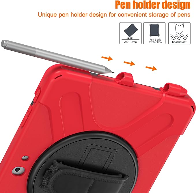 ZenRich Rugged Case for Surface Go 4 (2023)/Surface Go 3 (2021)/ Surface Go 2 (2020) Surface Go (2018) with Pen Holder Heavy Duty Shockproof Case with Stand Hand Strap and Shoulder Belt-Red